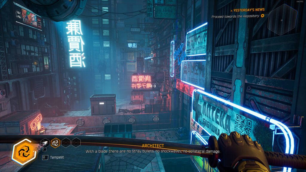 A neon-lit steet from Rapid Reviews UK Ghostrunner Review