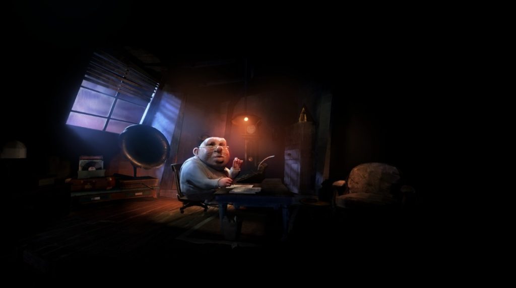 Toto's grandfather sits in his chair.