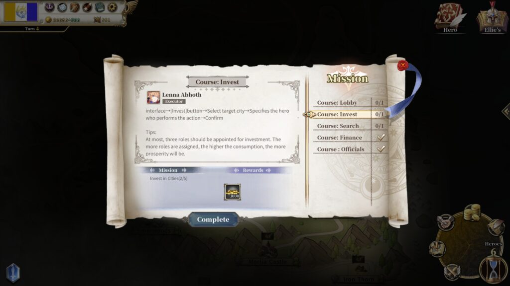 The mission menu in The Heroic Legend of Eagarlnia