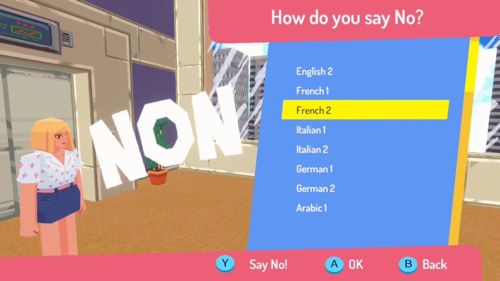 A menu including different languages and how you'll say 'no'