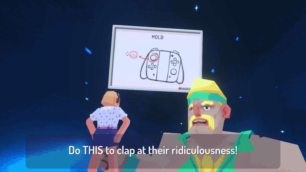The main character standing before a giant 90s style fitness instructor, with a board showing joycon controllers floating in a starlit sky.