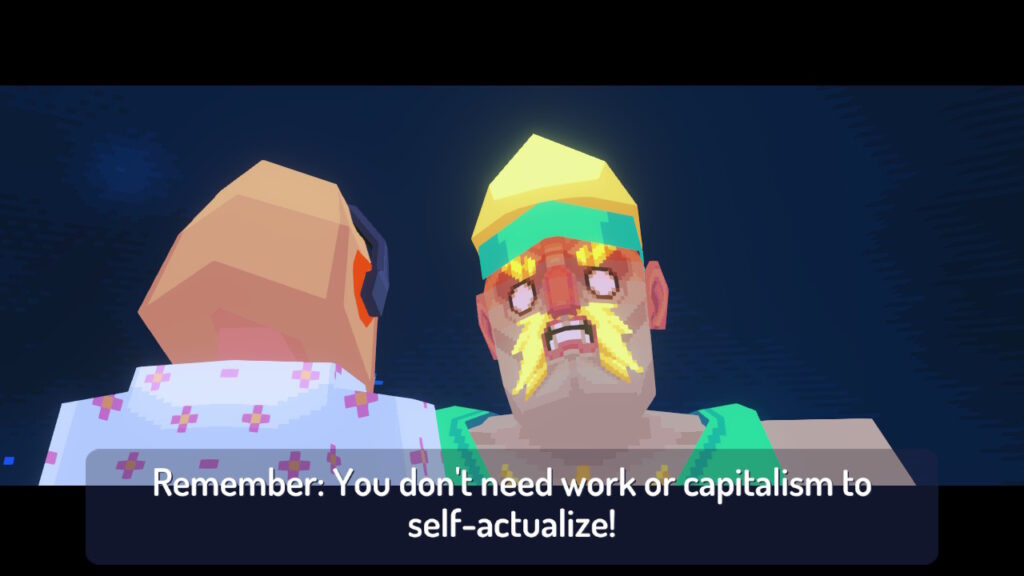 A giant 90s style fitness instructor saying 'remember: you don't need work of capitalism to self-actualize!'