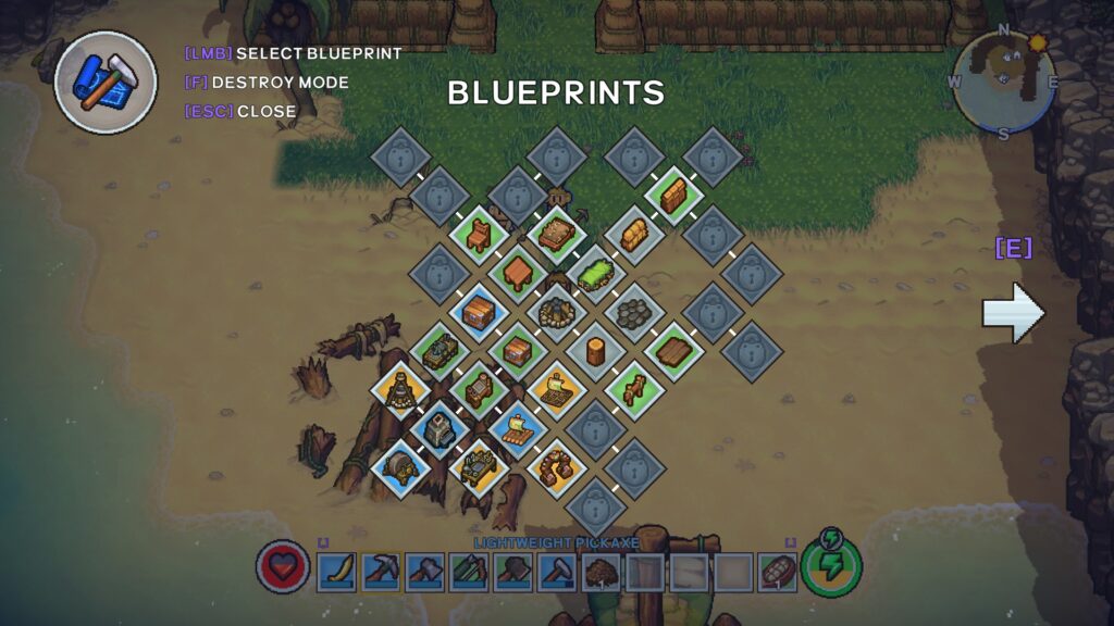 On-screen is the blueprints menu featuring the layout of and several items listed in the menu.
