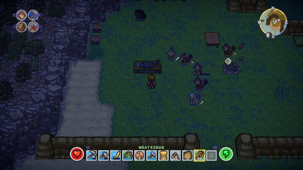 The player is standing next to a workbench and his monkey companions are gathered around him watching intently.