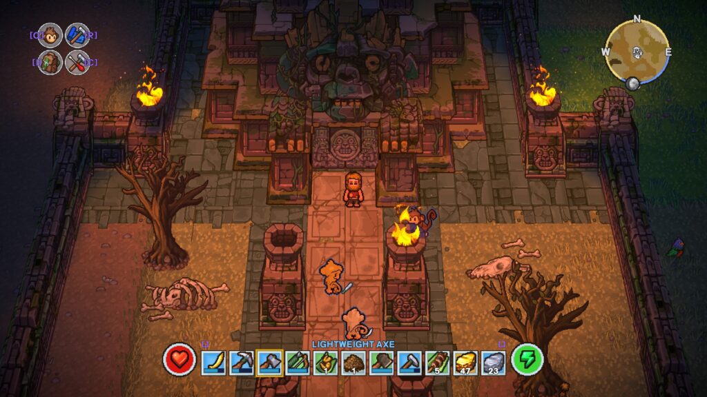 The player is standing in front of an Aztec looking temple, who's door is closed.