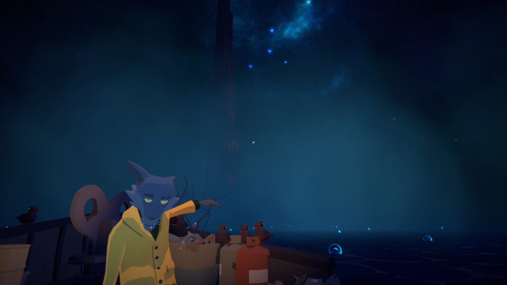 A human-like wolf pointing at a starry void
