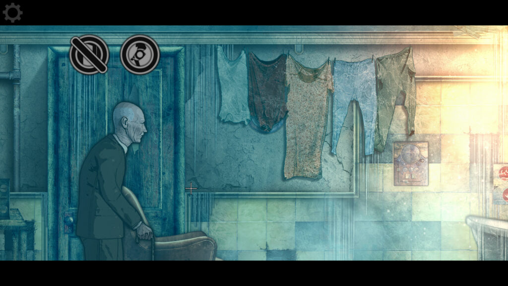 Old man and clothes hanging in Heal: Console Edition level