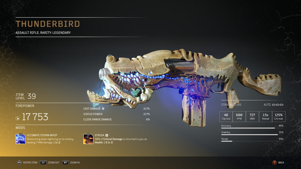 An outriders weapon, made up of bones "thunderbird"