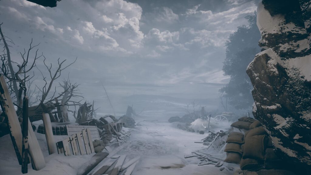 A snowy path with debris.