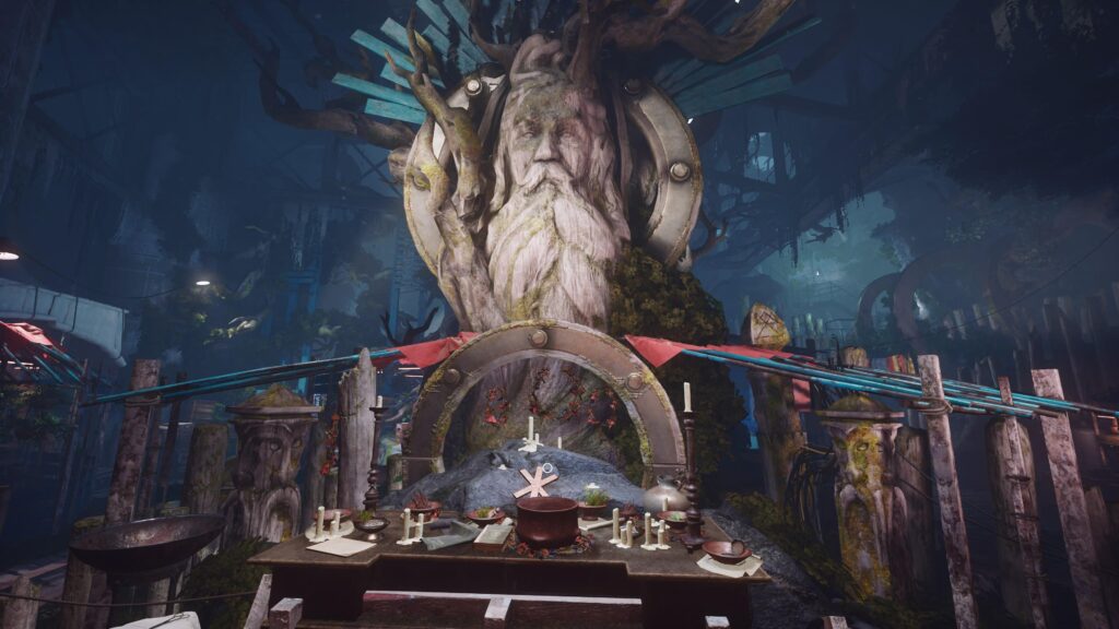 An alter with a figure carved into a tree.