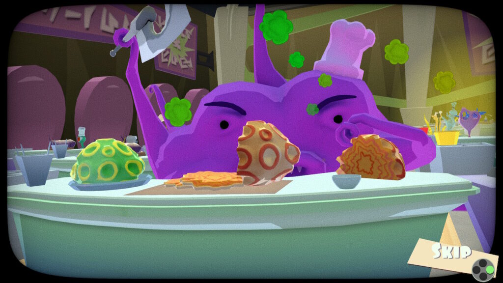 The main character behind a counter, chopping food items in the video game Shakes on a Plane