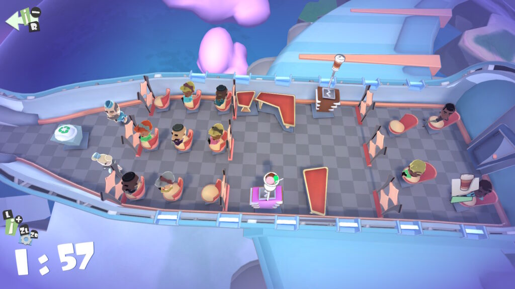 Characters seated on a plane with a timer in the bottom left corner in the video game Shakes on a Plane