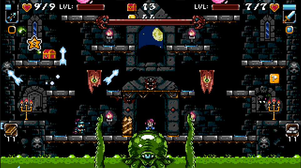 A stage featuring a green, squid like boss