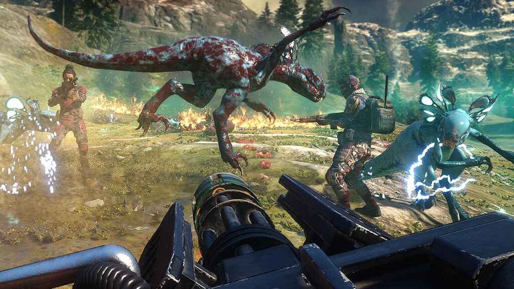 Mutated dinosaur running away from human characters with guns in Second Extinction