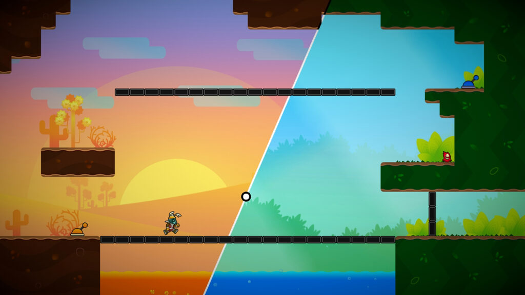 A world split in two diagonally. Orange sunset on the left and a green forest hue on the right