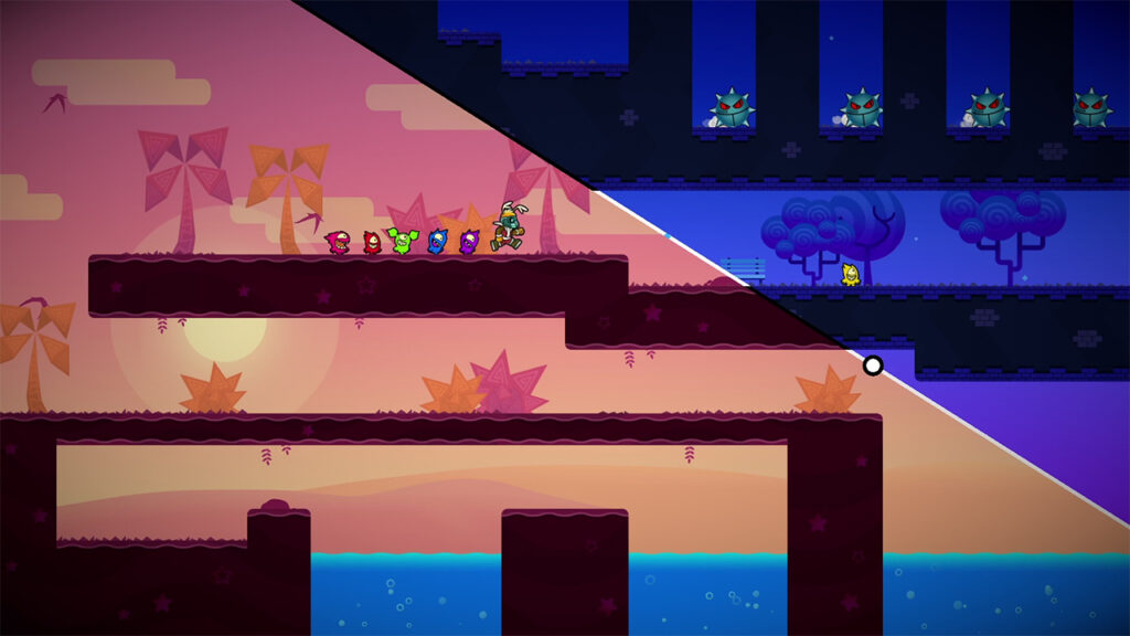 A purple desert on the left with a 2D blue tree on the right