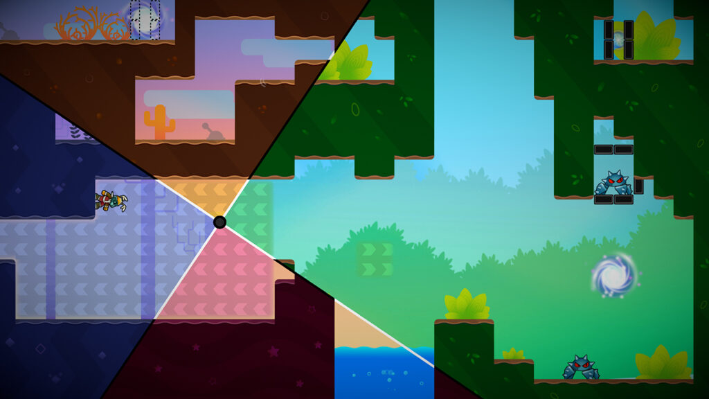 The 2d world is now split in four, showing varying platforms.