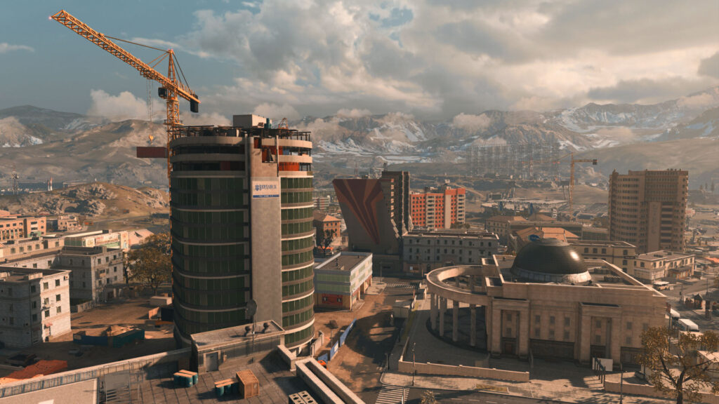 Sky scrapers and a yellow crane