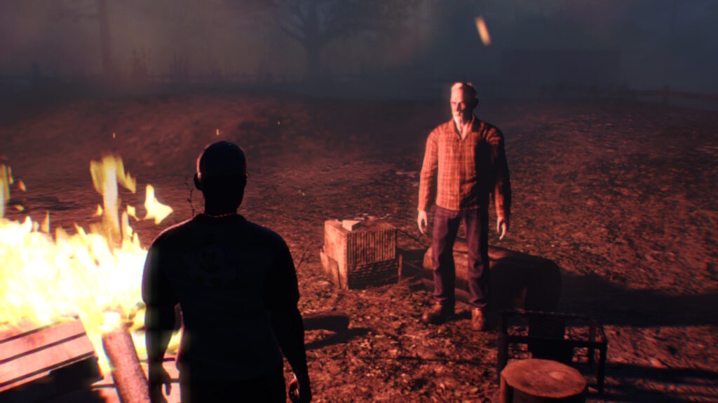 Two characters (male) talking near a fire in Silver Falls Episode Prelude
