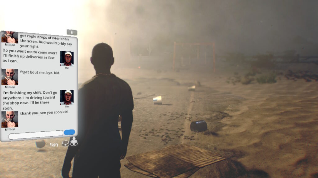 Text message exchange with a character silhouetted behind in Silver Falls Episode Prelude