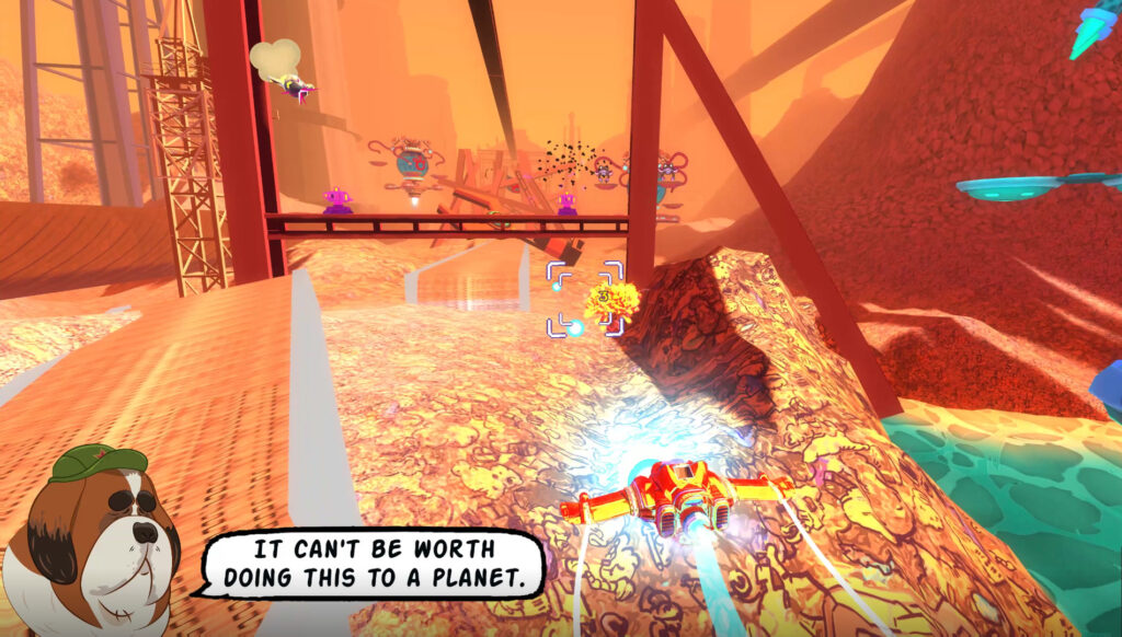 The Redpaw ship of the Astrodogs flying through a fiery building site-based level.
Astrodogs PC Review Rapid Reviews UK