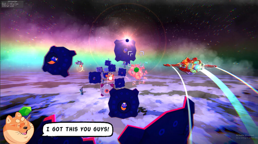 The Red Paw ship of the Astrodogs flying through space above a planet, avoiding various enemies.
Astrodogs PC Review Rapid Reviews UK