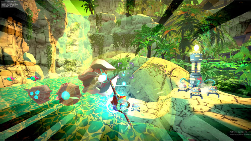 The Red Paw ship of the Astrodogs flying through a dense jungle with enemies bearing down on it.
Astrodogs PC Review Rapid Reviews UK