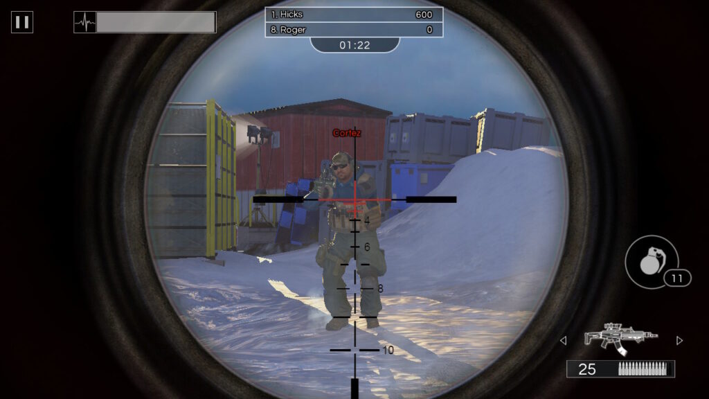 A gun scope with a camouflaged soldier standing in a snowy environment