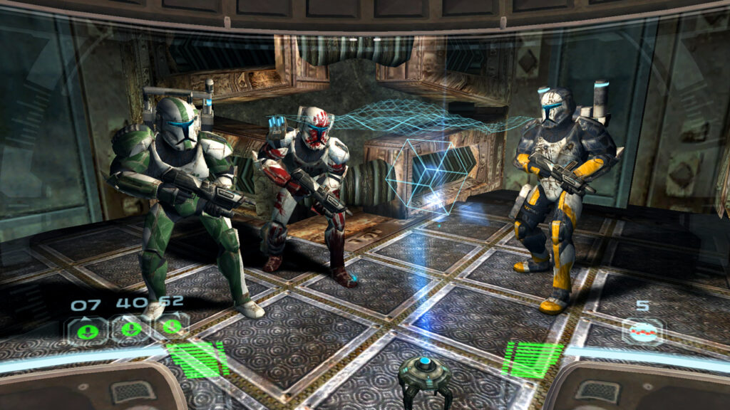 A trio of commandos, crouching with a gun.