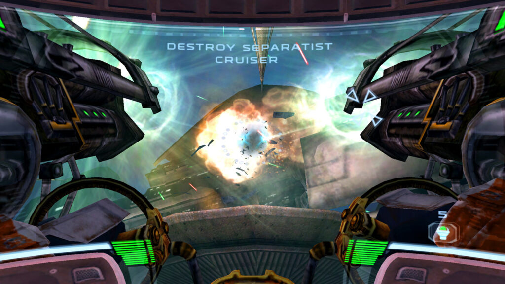 Two machine guns , firing forward and causing an explosion