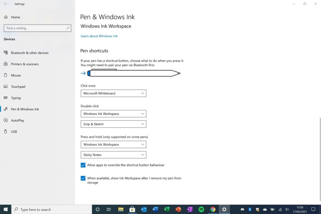 screengrab of pen settings