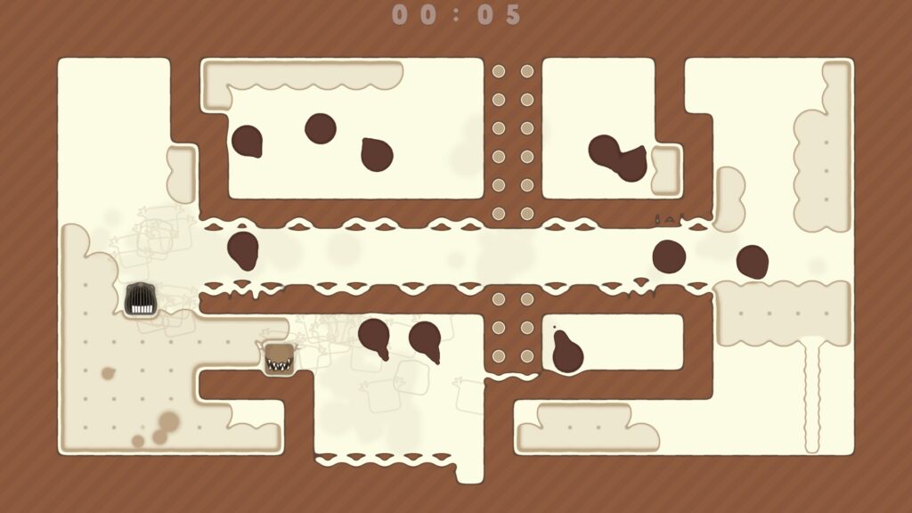 Two spitlings on the left of a brown level with several dark blob enemies in the middle and right.