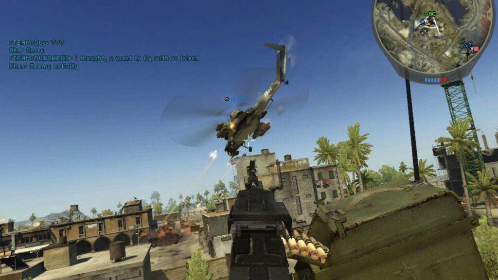 A helicopter aims downwards towards a city