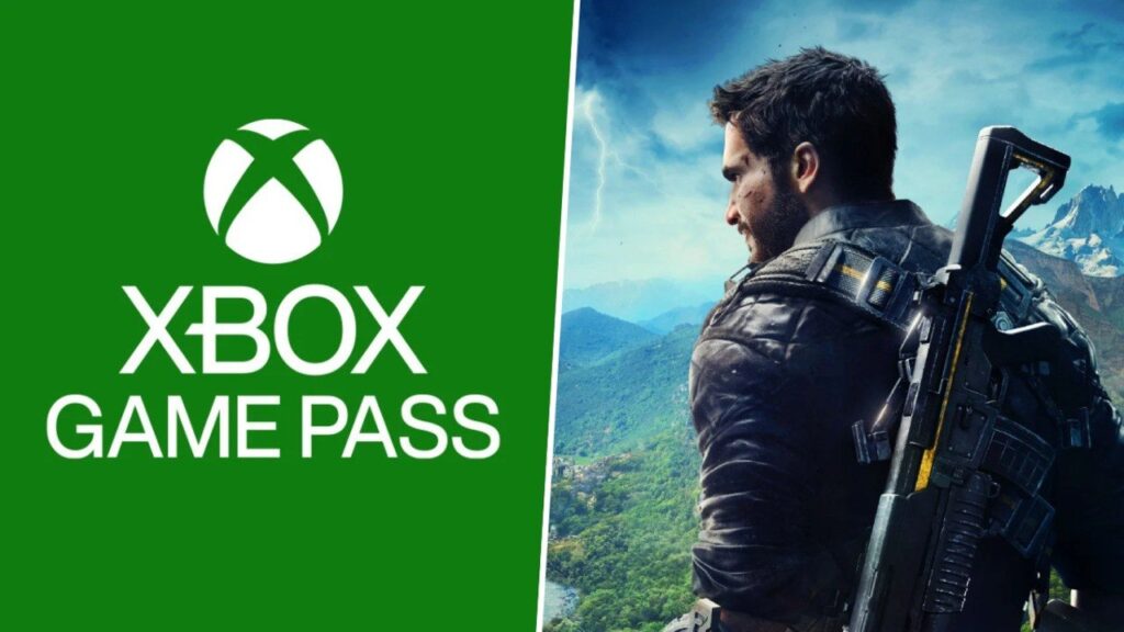 A graphic with the green Xbox Game Pass logo on the left side, and a close up of Rico Rodríguez from Just Cause 4 Reloaded on the right