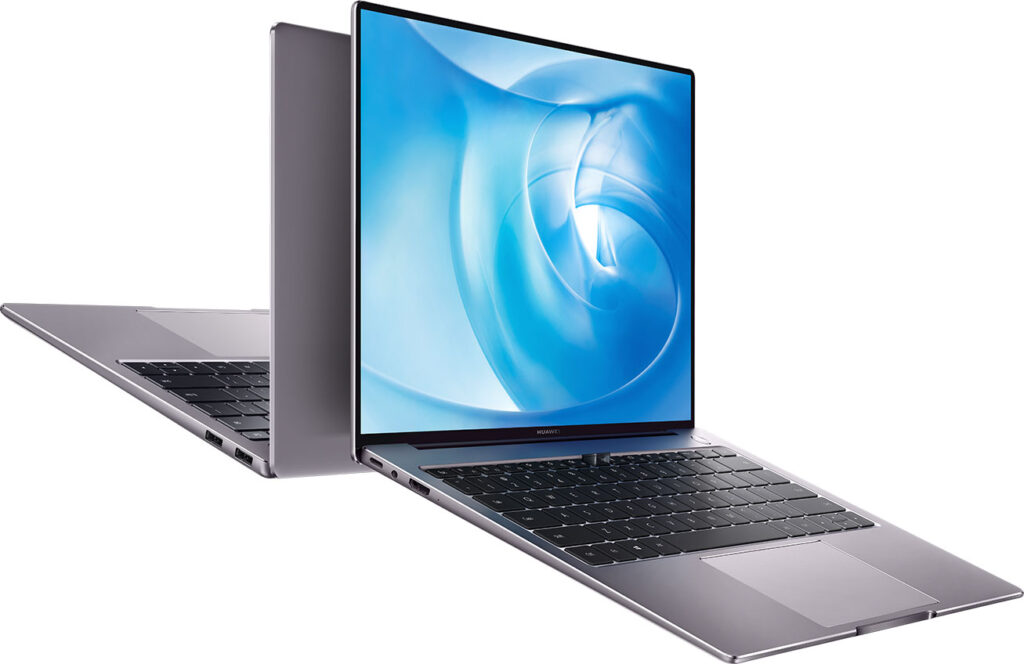 Two laptops side by side. On the screen is an abstract blue swirl
