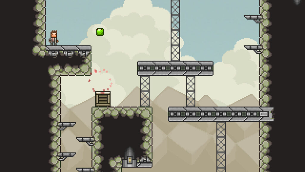 one man on the left, an alien floating nearby, and a box crashing onto the ground beneath