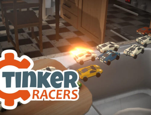 Key art for Tinker Racers showing multiple cars making a jump behind the game logo