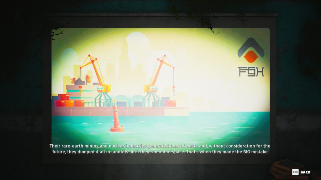 A projector screen showing a graphic of dockside cranes by the sea.