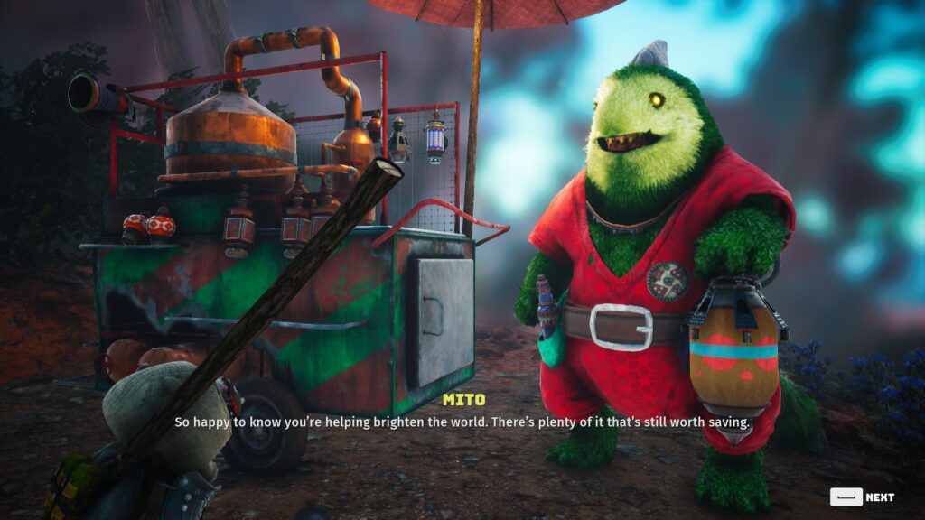 A giant, green, furry creature called Mito says 'So happy to know you're helping brighten the world. There's plenty of it that's still worth saving.'