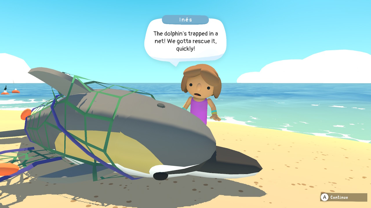 A dolphin stranded on a beach with a character named Inés saying 'the dolphin's trapped in a net! We gotta rescue it, quickly!' in a speech bubble