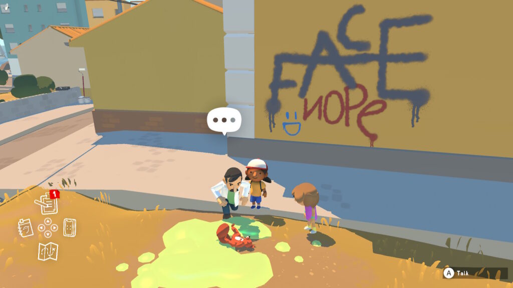 Alba and her friend with a doctor by a graffitied building looking at a squirrel lying in toxic pesticides