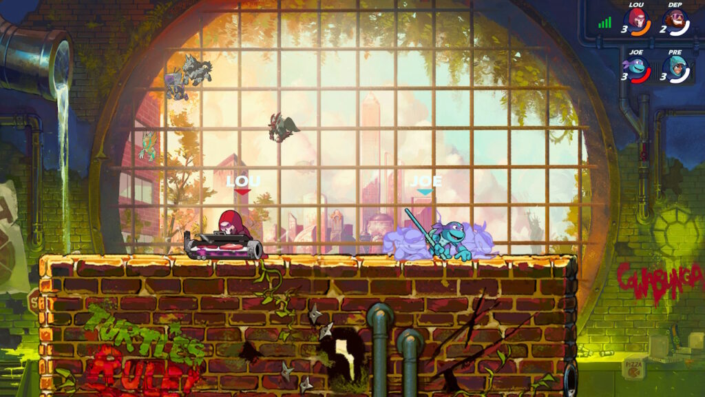 Isiah on the left and Donatello on the right fighting on the new Teenage Mutant Ninja Turtles stage.