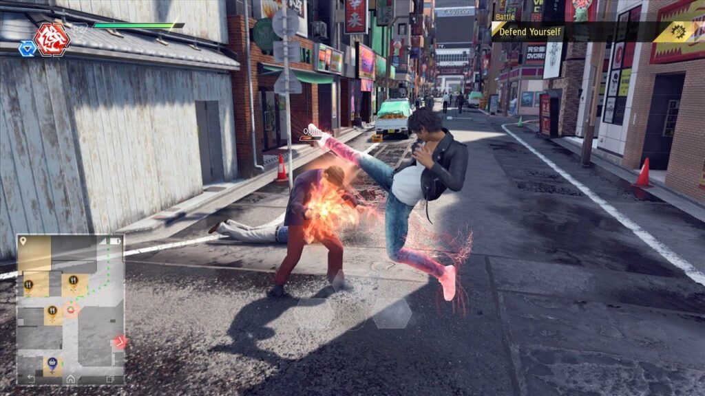 Defending yourself achievement unlocked as the player kicks an enemy in a cityscape.