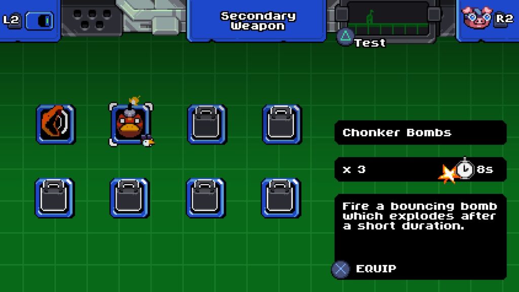 Options menu for the secondary weapons. It shows chonker bombs, which are big bombs with a goose's face on them.