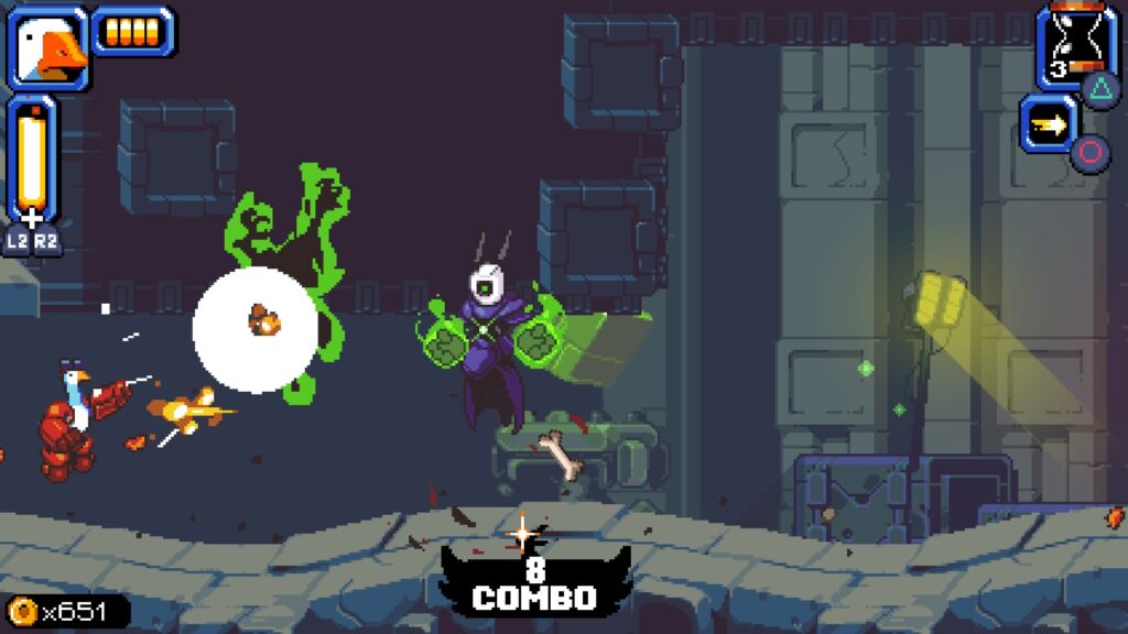Mighty goose is on the left firing rockets at an enemy with glowing green fists.