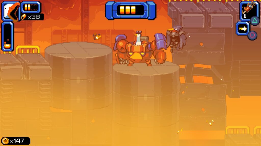 Goose is piloting a mech suit in a heated lava filled factory.