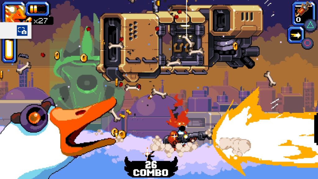 The mighty goose in the center of the screen shooting a massive shotgun blast on the right side of the screen/ above him is a spaceship, and to his left is a goose honking.