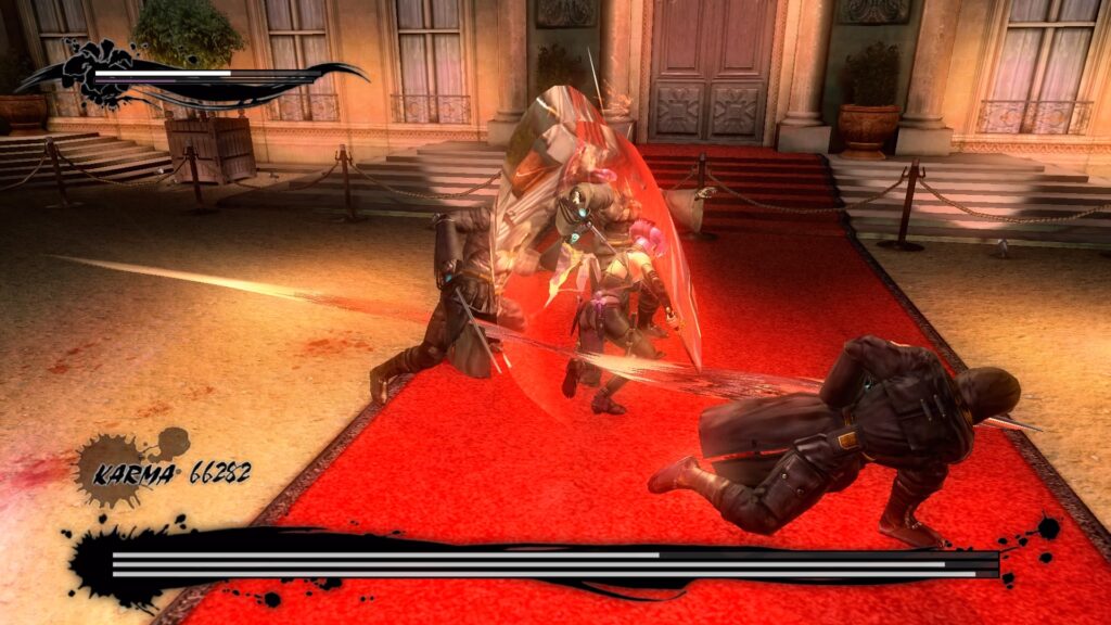 Ayane surrounded by cloaked enemies is fighting for her life.