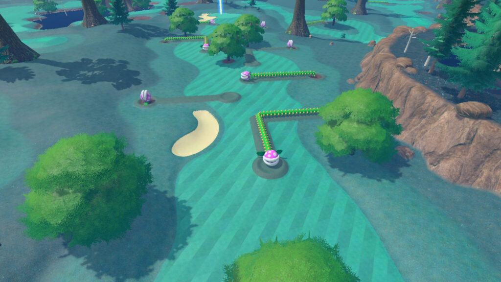 Mario Golf: Super Rush. Piranha plant sliding across the green. 