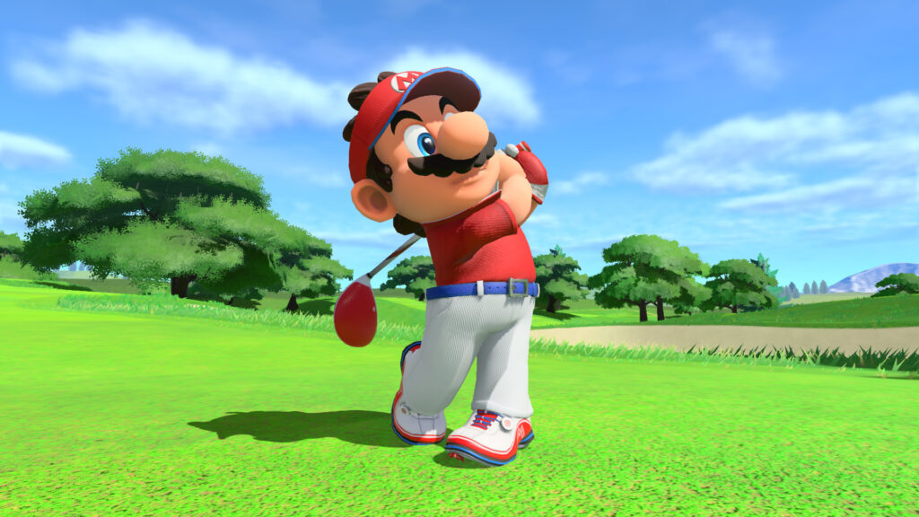Mario Golf: Super Rush a close up of Mario with his golf club on the screen.